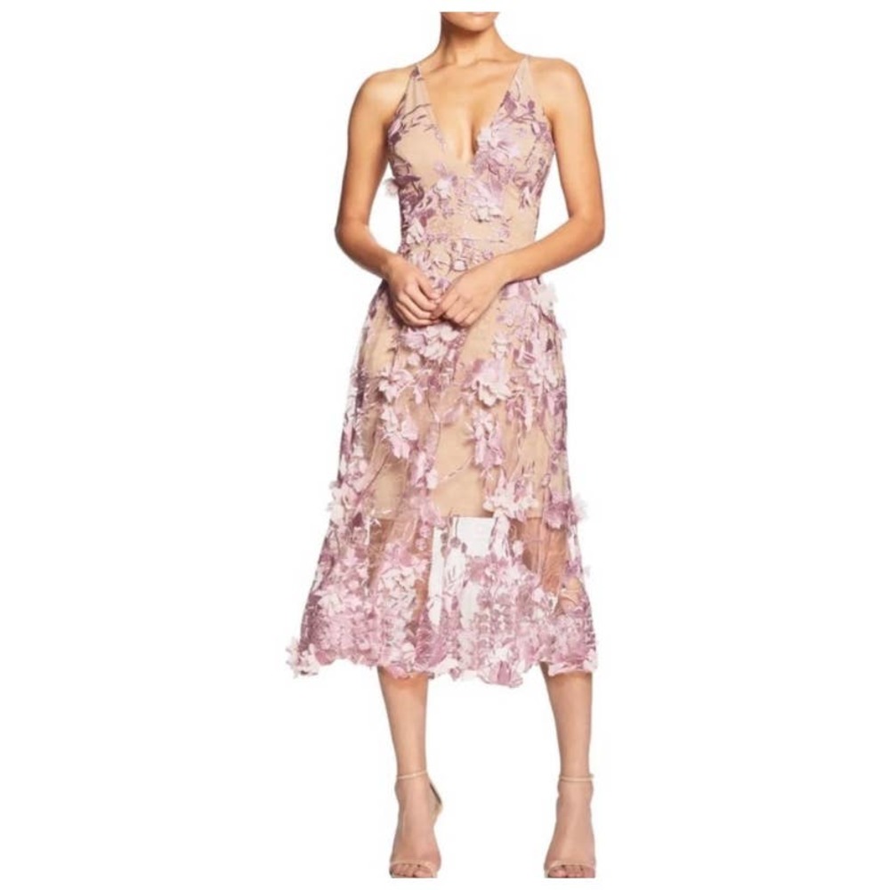 Dress the Population Audrey Floral Midi Floral Overlay Dress Lilac Nude Medium M